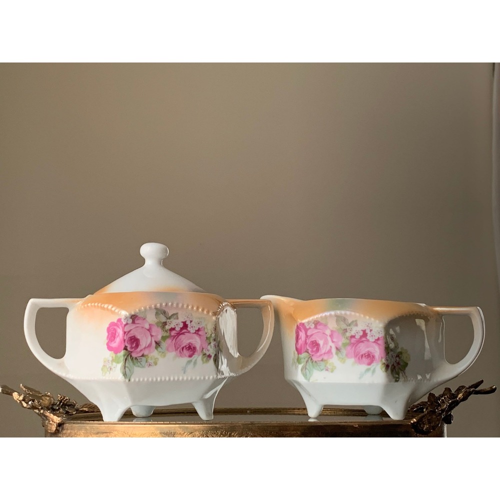 Vintage Germany Porcelain Cream and Sugar Set: Pink Rose Cottage Decor